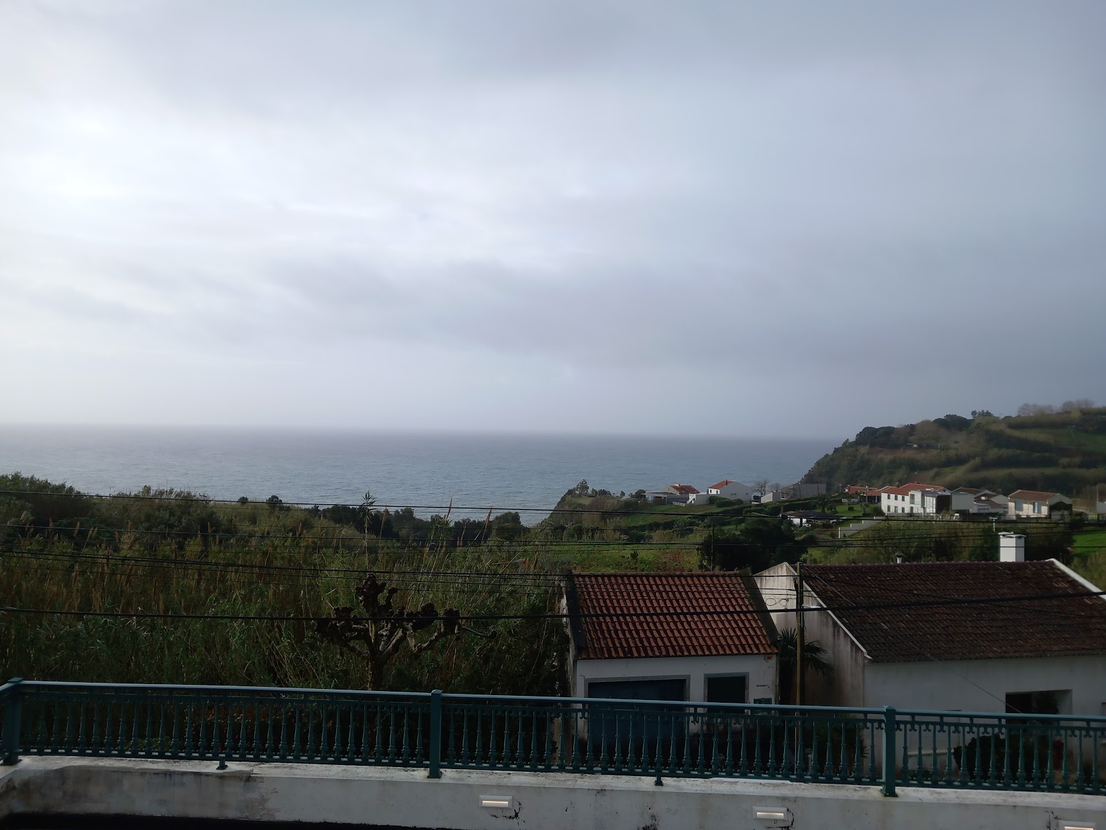 Elevated view toward the ocean, hills, rooftops, and greenery